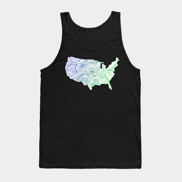 Colorful mandala art map of the United States of America in blue and green on white background Tank Top by Happy Citizen